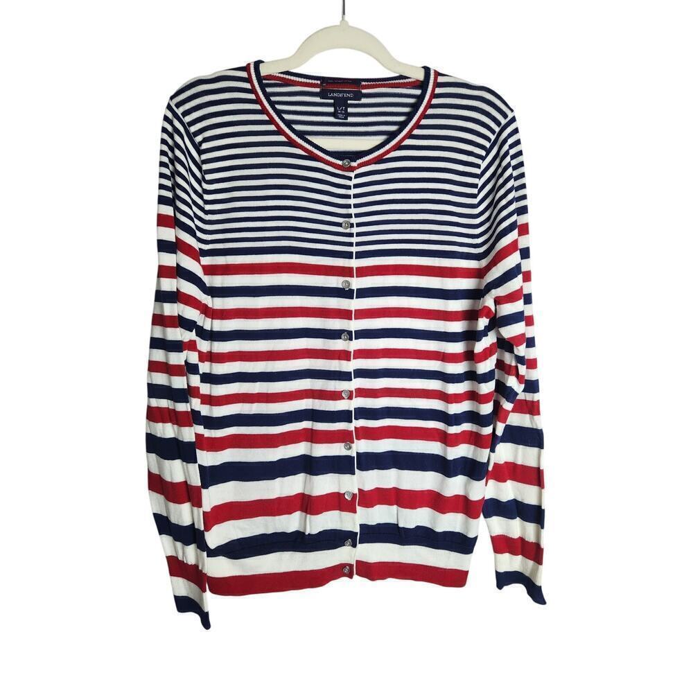 Lands End womens supima cotton lightweight button front cardigan Sz L/T nautical